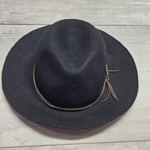 D&Y Black Wool Hat Chain Detail Boho One Size